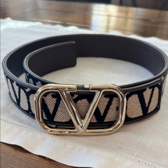Valentino Black and Cream Belt with Gold Buckle